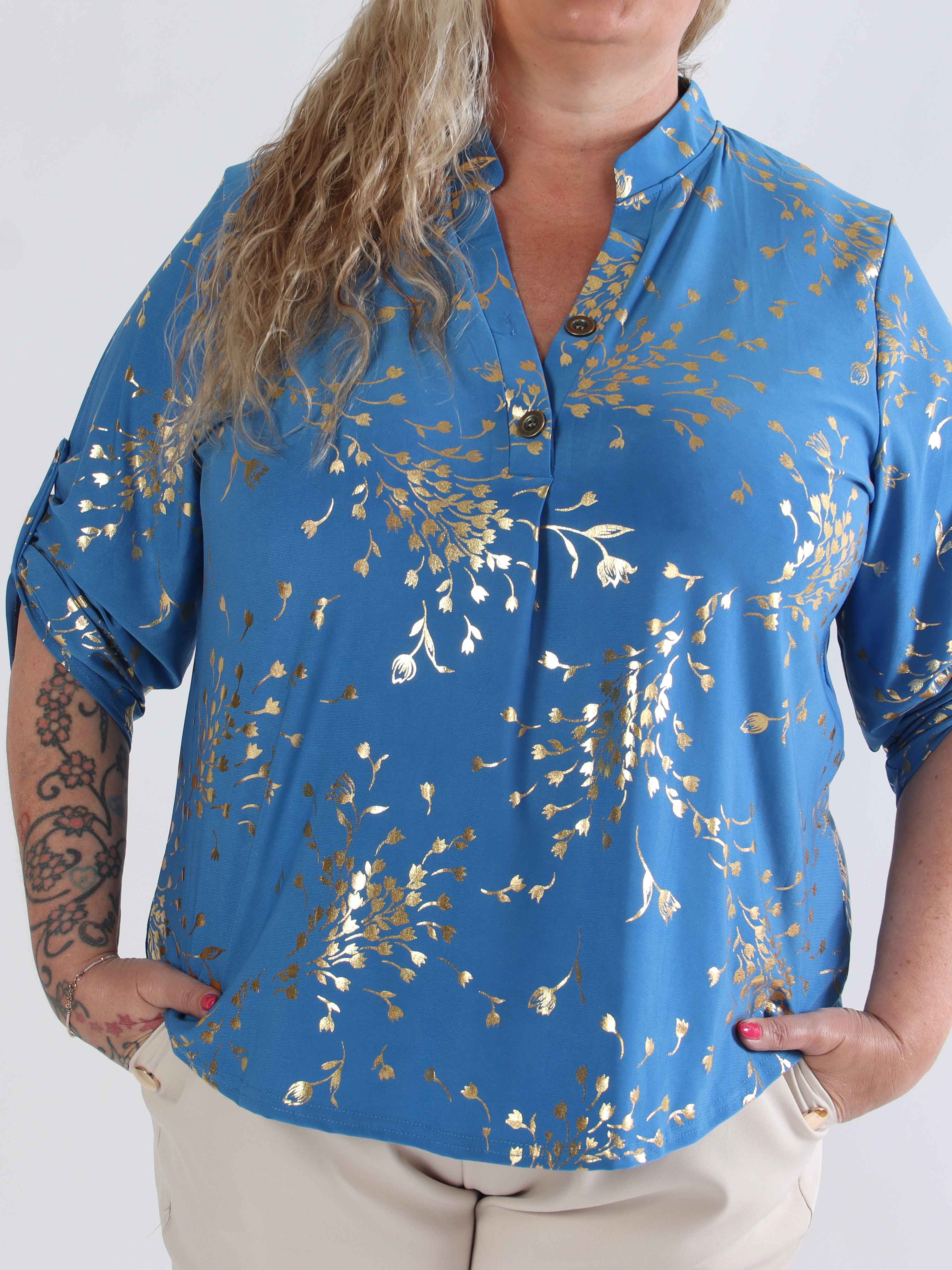 Ebba Gold Leaf Shirt - Elastisk plus size blus mönstrad med bladguld